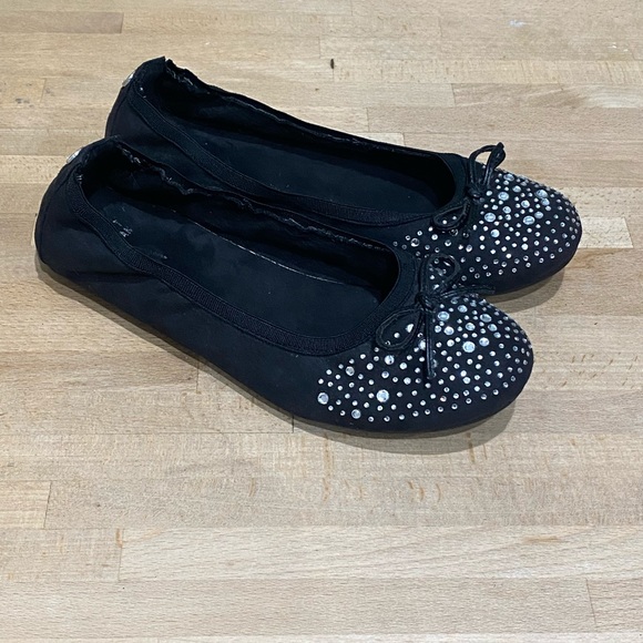 Stuart Weitzman Suede Black Rhinestones Studded Sz 4 Ballet Flats Bow - Picture 9 of 9